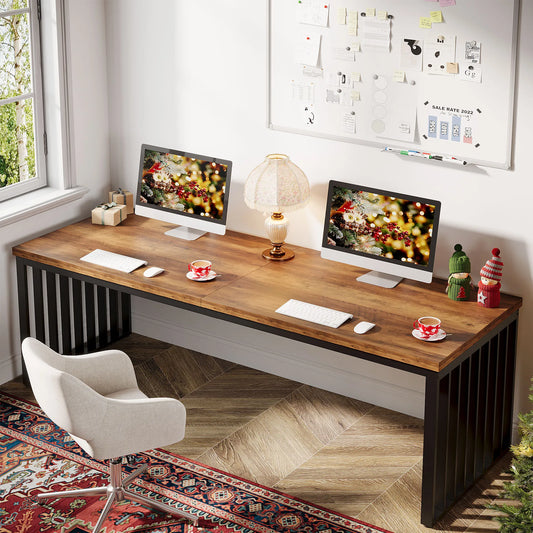 MonoWood 78''Modern Large Office Desk, 2-Person Computer Workstation, Industrial Wooden Desk with Metal Legs