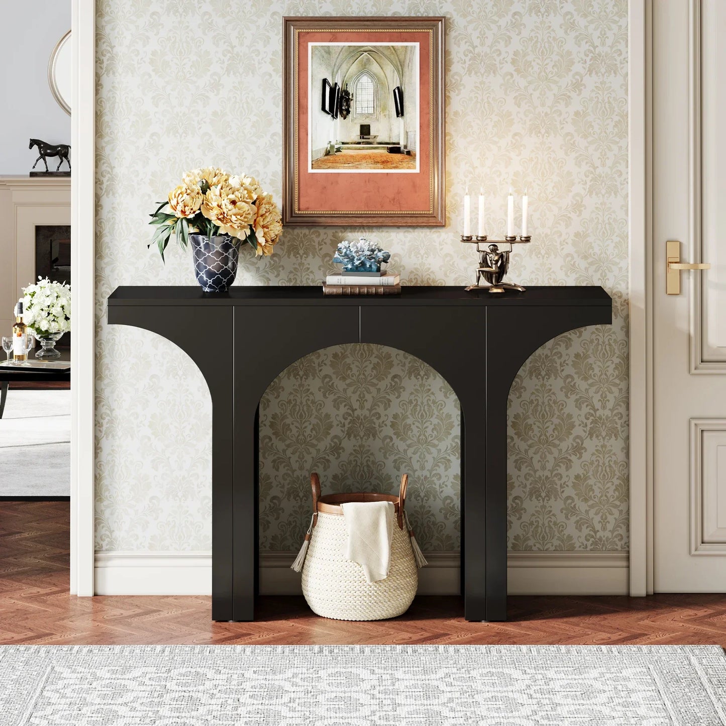 MonoWood 47 Inches Console Table, Black Entryway Table, Modern Hallway Table, Sofa Table with Arch Base, Unique Foyer Table