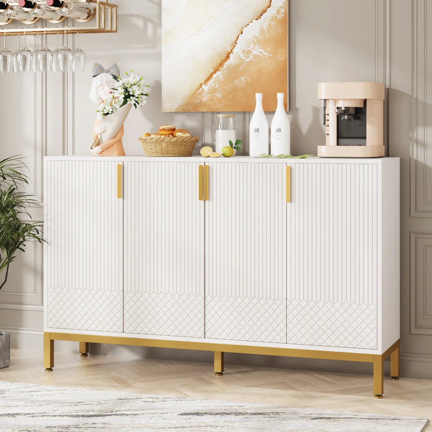 MonoWood Modern Storage Cabinet, 59 Inch Console Cabinet Sideboard Buffet Cabinet with 4 Doors & Gold Metal Base