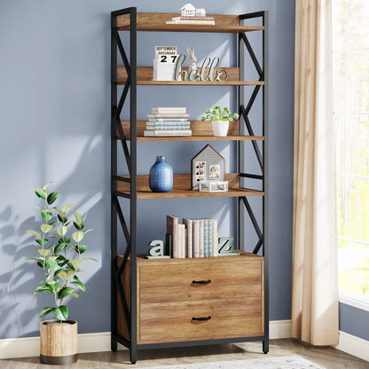 MonoWood Bookshelf with 2 Drawers, 70.8" Industrial Bookcase Bookshelf, 5 Shelf Open Shelf for Storage, Wood Book Shelf for Li