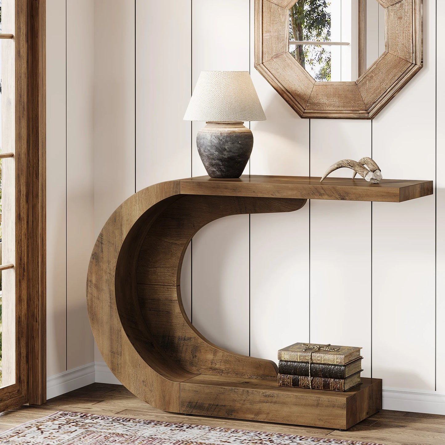 MonoWood 43.3" Mid-Century Modern Console Table for Entryway, Wood C-Shaped Hallway Entry Accent Table for Living Room