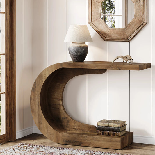 MonoWood 43.3" Mid-Century Modern Console Table for Entryway, Wood C-Shaped Hallway Entry Accent Table for Living Room