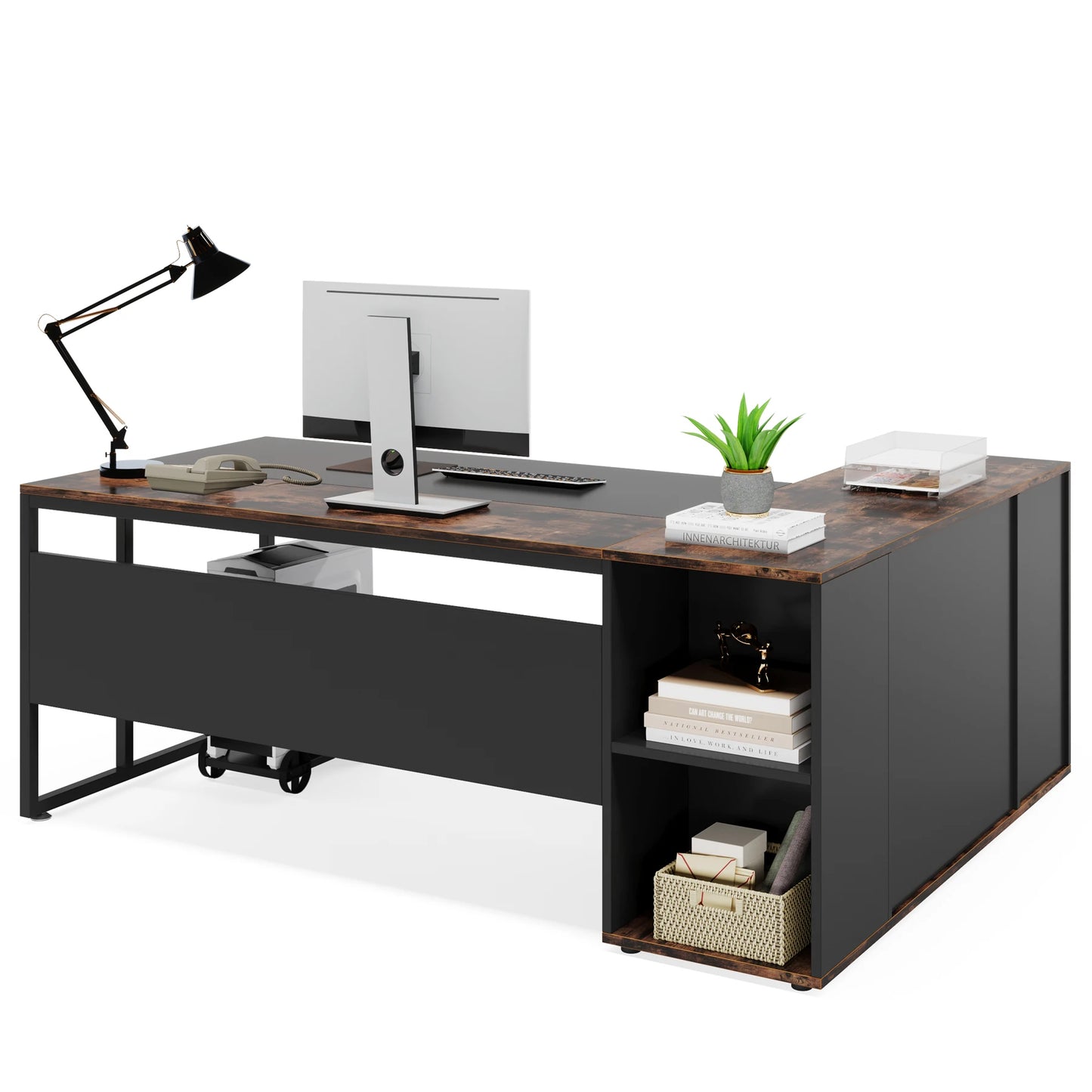 MonoWood 71 inch Executive Desk, L Shaped Desk with Cabinet Storage, Executive Office Desk with Shelves, Business Furniture