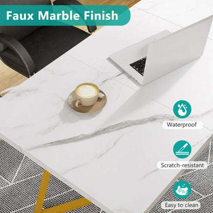 MonoWood Gold Dining Dinner Table: 55 Inches Modern White Dining Room Table with Golden Legs, Faux Marble Kitchen Table for 6
