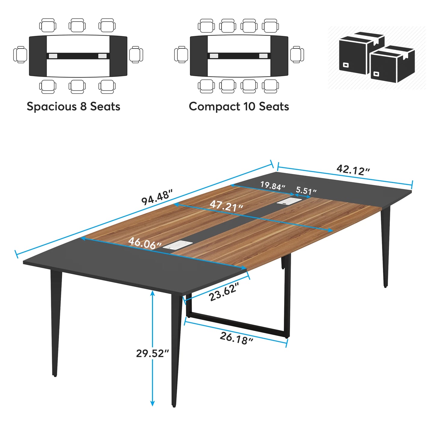 MonoWood 8FT Conference Table, 94.48L x 47.24W x 29.52H Inches Boat Shaped Meeting Table with Rectangle Grommet