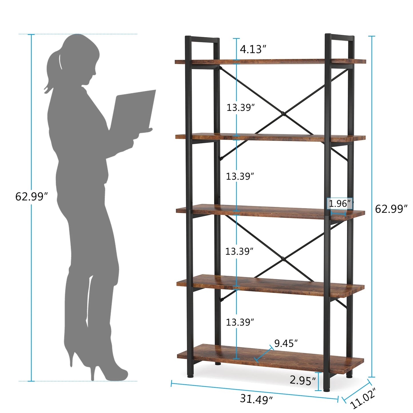 MonoWood 5 Tier Bookshelf, Industrial Etagere Bookcase with Metal Frame, Rustic Tall Book Shelf Unit for Living Room