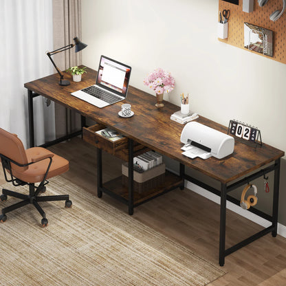 MonoWood 78.74’’ Two Person Desk with 2 Drawers, Long Double Computer Desk Gaming Table with Shelves