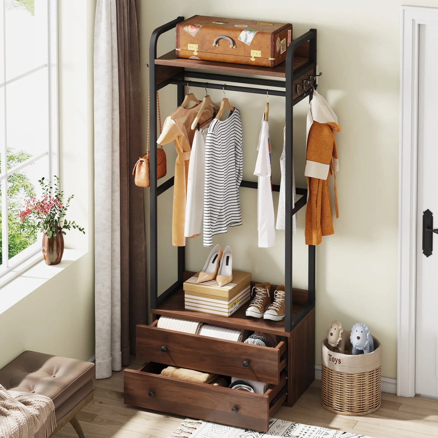 MonoWood Freestanding Closet Organizer Small Clothes Rack Coat Rack with Drawers and Shelves, Heavy Duty Small Garment Rack