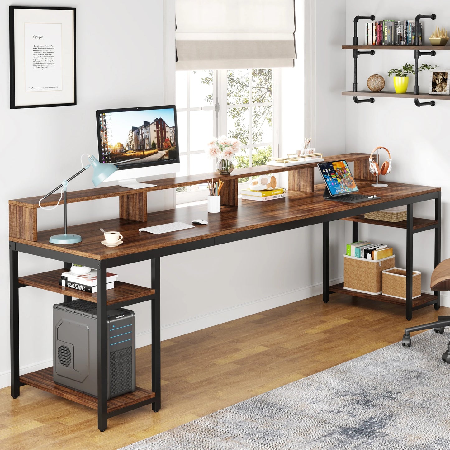 MonoWood 78.74 Inches Extra Long Two-Person Desk, Double Computer Desk with Monitor Stand and Storage Shelves, Work Table
