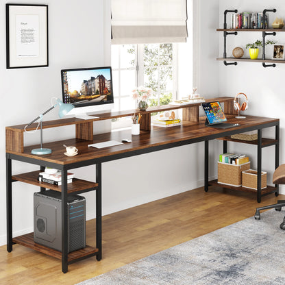 MonoWood 78.74 Inches Extra Long Two-Person Desk, Double Computer Desk with Monitor Stand and Storage Shelves, Work Table