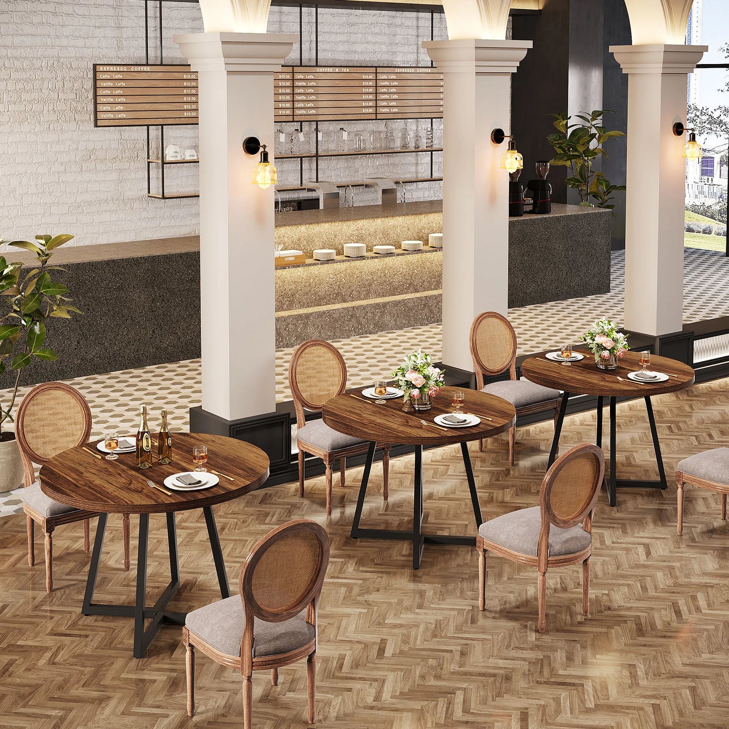 MonoWood Round Dining Table Set of 2, 31.5" Industrial Dinner Table with Metal Base, Wood Kitchen Table for Dining Room