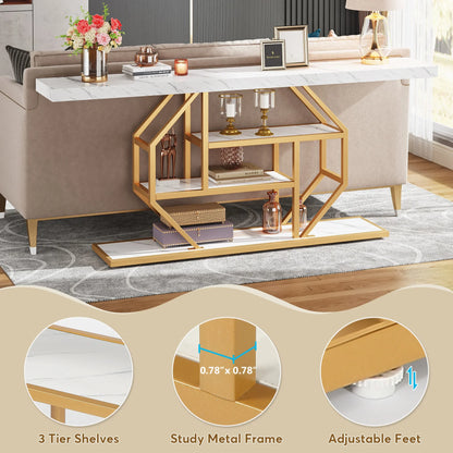 MonoWood 70.9 inch Extra Long Console Table, Modern Gold Sofa Table Behind Couch with Storage, 4 Tier Entryway Accent Table
