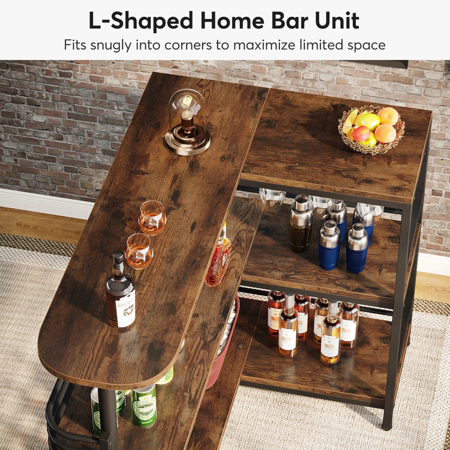 MonoWood L-Shaped Home Bar Unit, 3 Tier Liquor Bar Table with Storage Shelves and Wine Glasses Holder