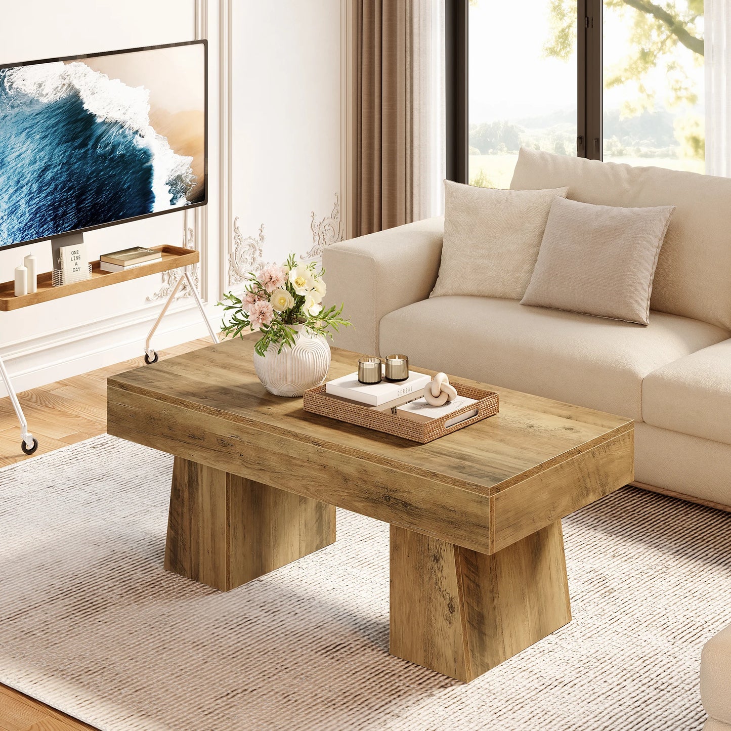 MonoWood Vintage Coffee Table, 120cm Wooden Accent Center Tables with Thick Base, Modern Low Cocktail Tea Furniture for