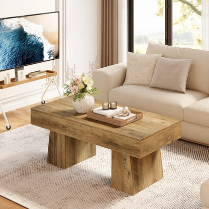 MonoWood Vintage Coffee Table, 120cm Wooden Accent Center Tables with Thick Base, Modern Low Cocktail Tea Furniture for