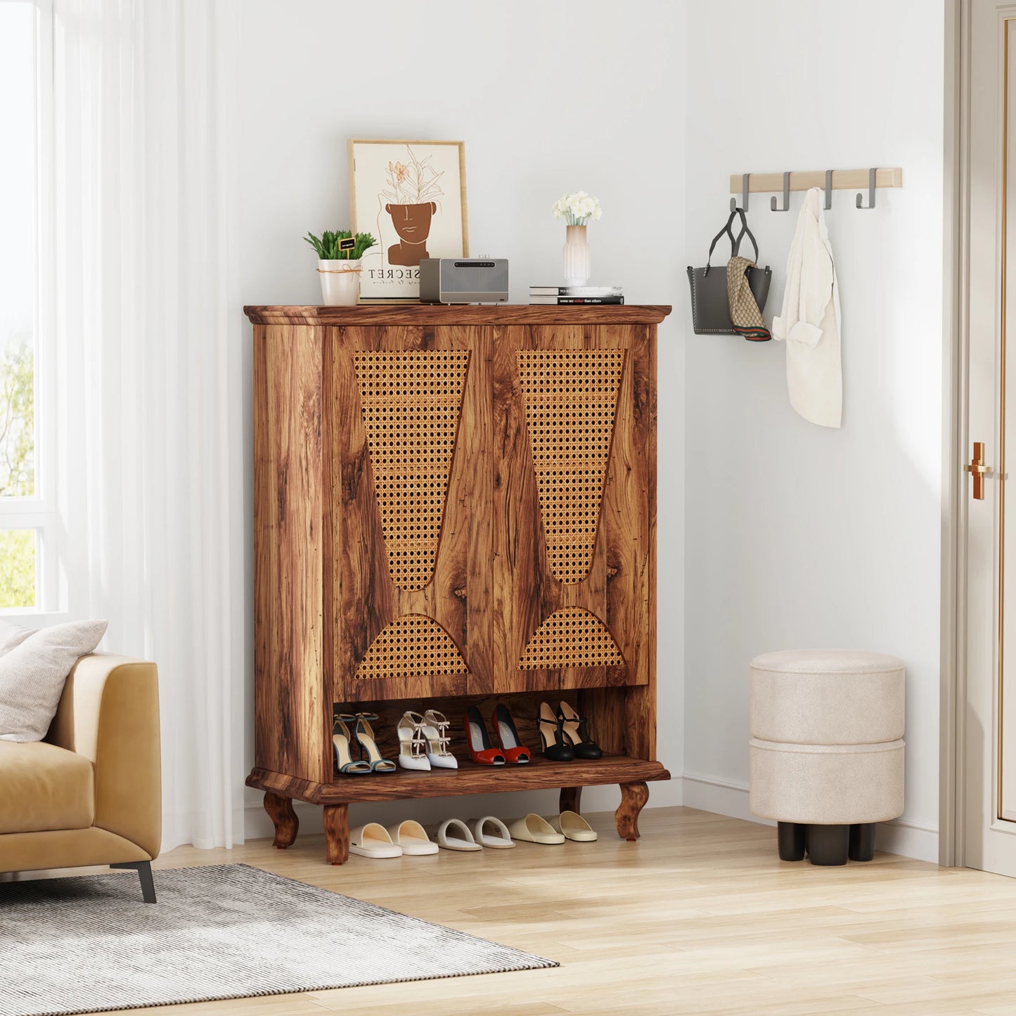 MonoWood Tall Shoe Cabinet with Acrylic Doors and LED Lights, 8-Tier Entryway Shoe Storage Rack with Adjustable Shelves