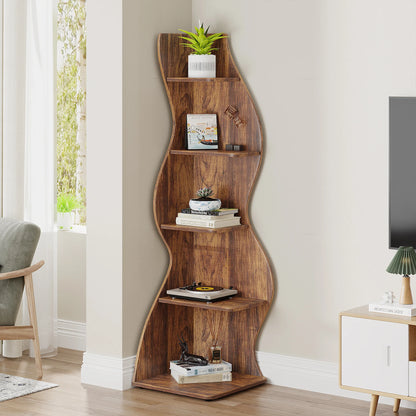MonoWood Corner Shelf, Rustic 5-Tier Wall Corner Bookshelf, Stylish Corner Small Bookcase Storage Rack Plant Stand with Unique