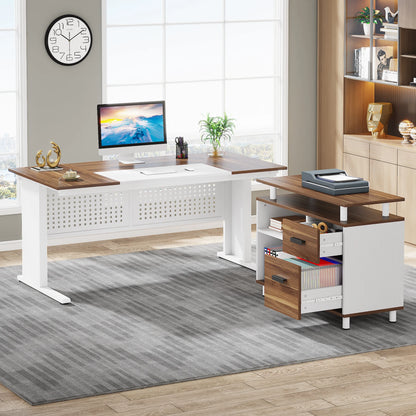 MonoWood 63 Inch Executive Desk with File Cabinet, Large Office Desk L Shaped Computer Desk with Drawers and Storage Shelves