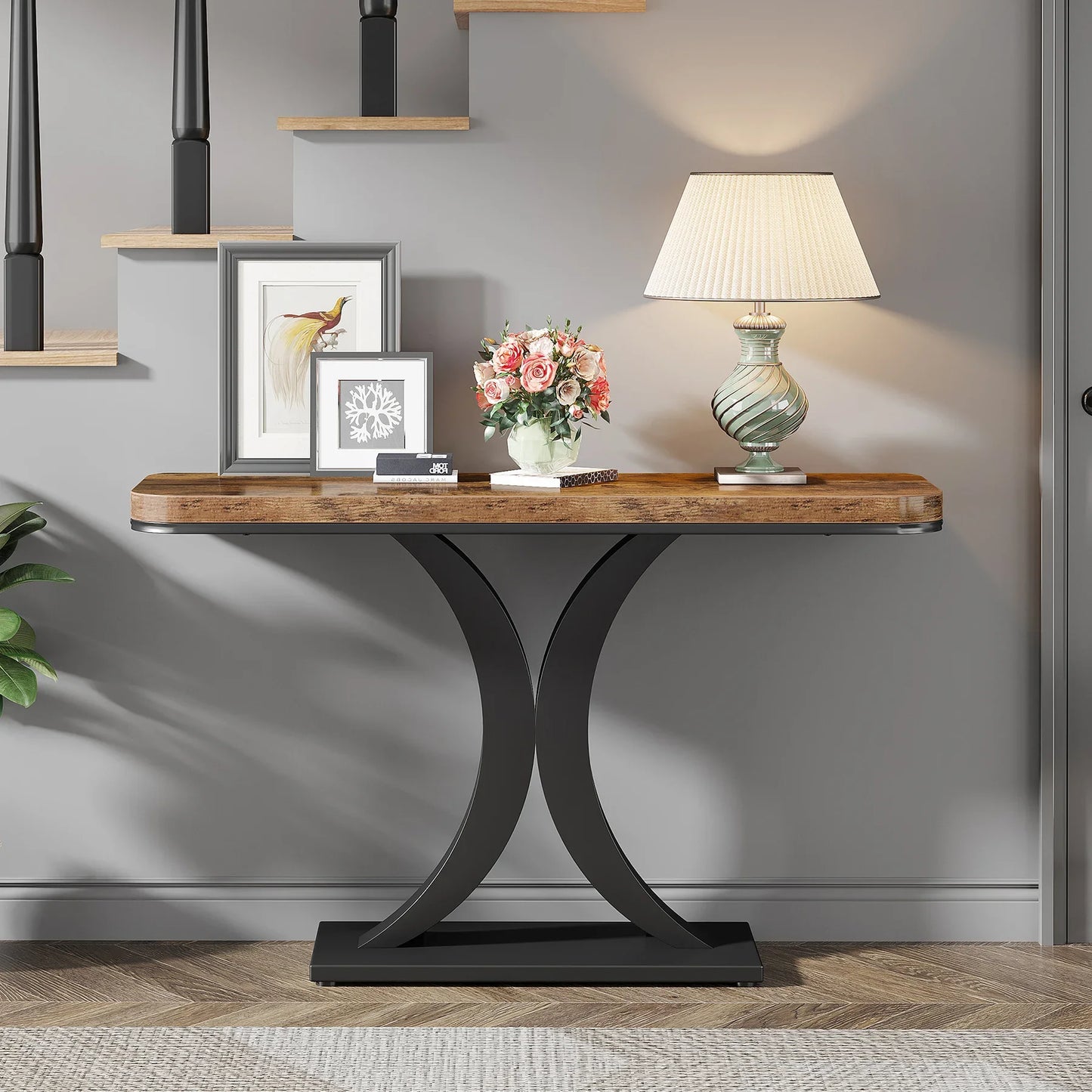 MonoWood Industrial Console Table, 40 inch Narrow Entryway Foyer Table with Geometric Base, Rustic Hallway Accent Table