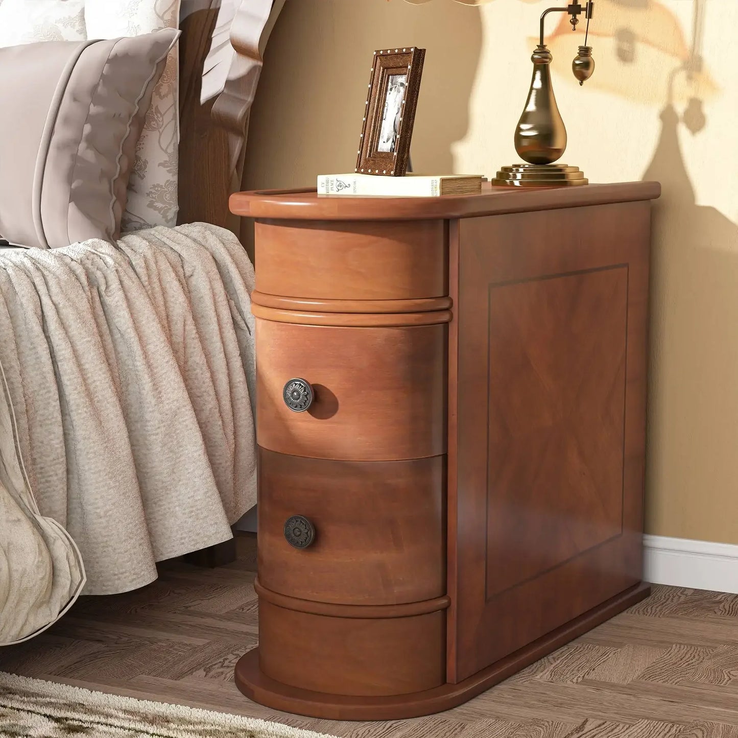 MonoWood End Table Round Solid Wood Sofa Bedside Narrow Bedroom Side Table Nightstand with Drawer