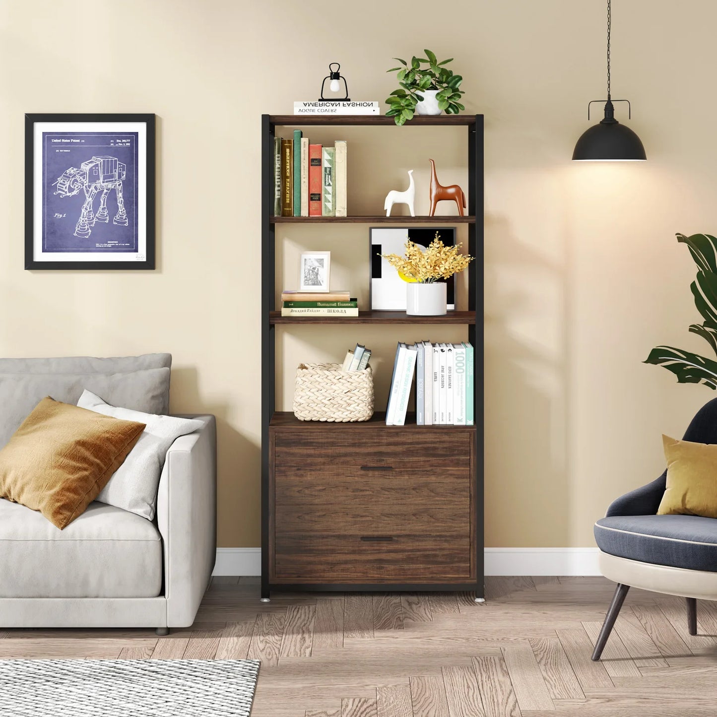 MonoWood Bookcase 4-Tier Rustic Bookshelf with 2 Drawers Etagere Standard Book Shelves Display Shelf