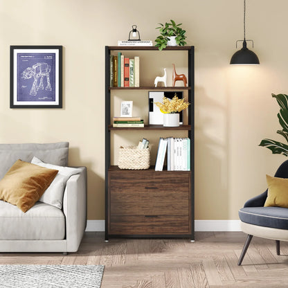 MonoWood Bookcase 4-Tier Rustic Bookshelf with 2 Drawers Etagere Standard Book Shelves Display Shelf