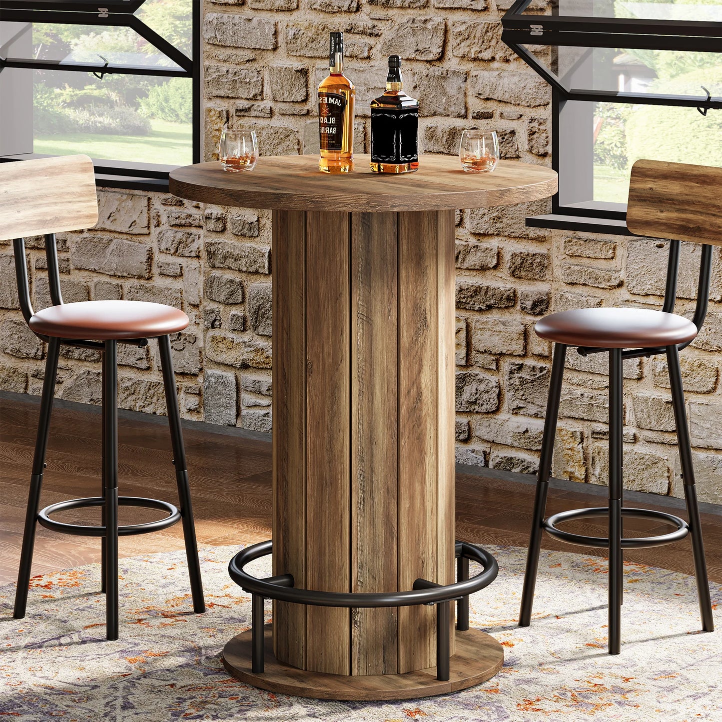 MonoWood Round Bar Table, 39.4" H Wood Bistro Pub Table with Metal Ring Footrest for Dining Coffee Cocktail Living Room