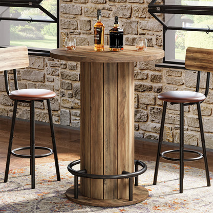 MonoWood Round Bar Table, 39.4" H Wood Bistro Pub Table with Metal Ring Footrest for Dining Coffee Cocktail Living Room