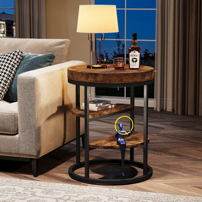 MonoWood Round End Table, Small End Table with 3 Storage Shelves, Wood Side Table for Small Spaces, Industrial Sofa Table