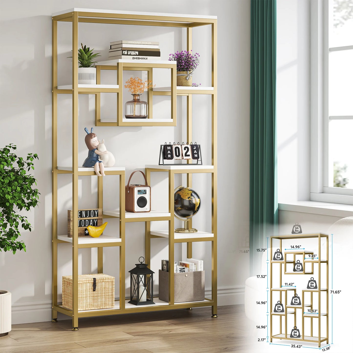 MonoWood Bookshelf 5 Tier Etagere Bookcase, Modern Gold Book Shelf Organizer Display Rack with 8 Open Storage Shelf