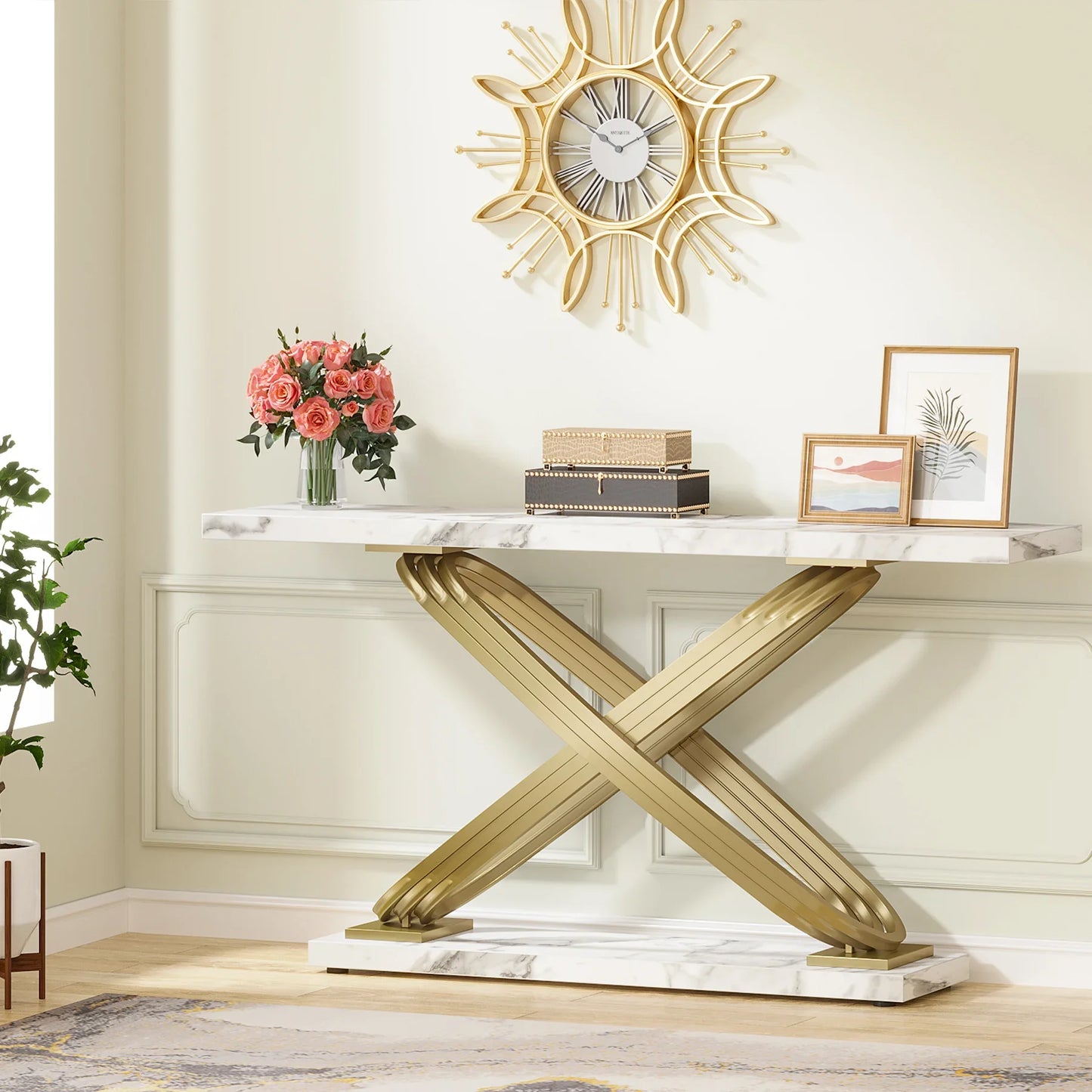 MonoWood 55 Inch Modern Console Table, Faux Marble Gold Entryway Table Behind Sofa Couch, Narrow Rectangular Sofa Table