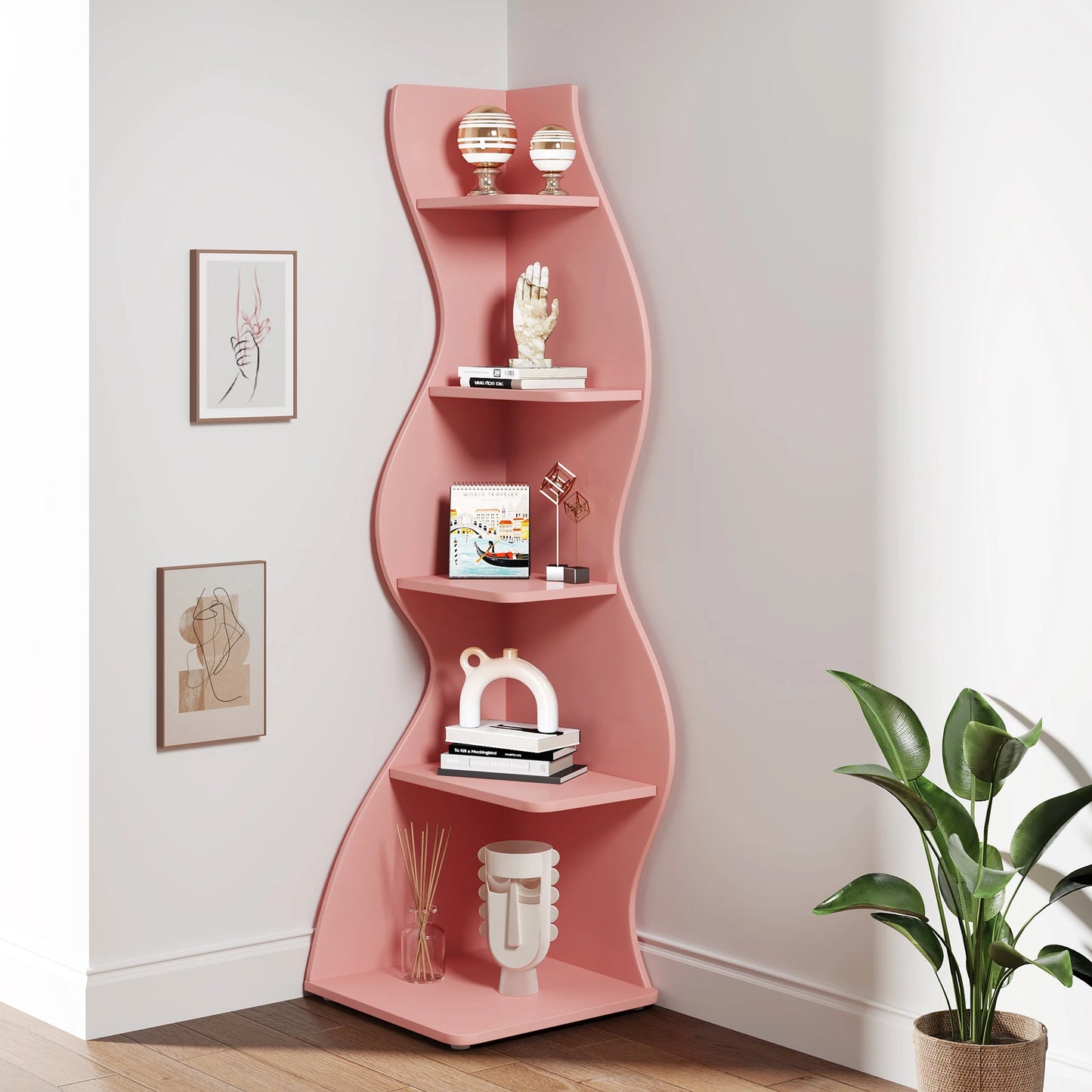 MonoWood Corner Shelf, Modern 5-Tier Wall Corner Bookshelf, Stylish Corner Small Bookcase Storage Rack Plant Stand
