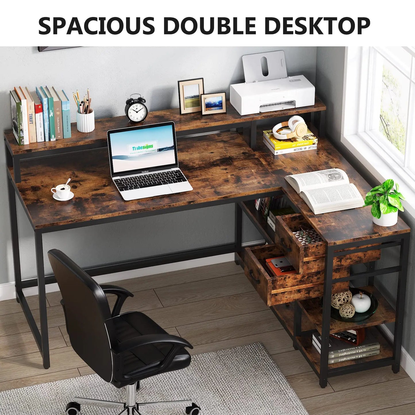 MonoWood Reversible L Shaped Desk with Drawer, Industrial Corner Desk Home Office Table with Shelves and Monitor Stand