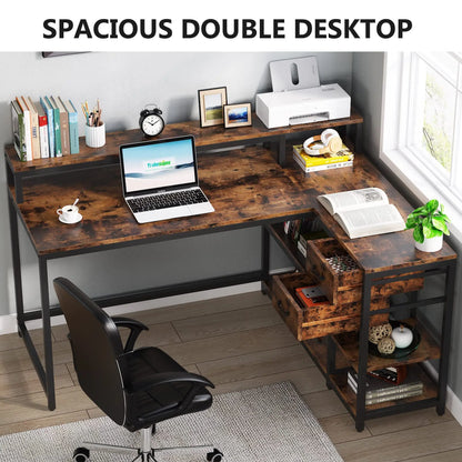 MonoWood Reversible L Shaped Desk with Drawer, Industrial Corner Desk Home Office Table with Shelves and Monitor Stand