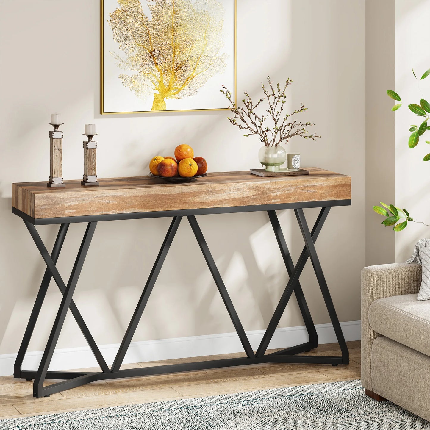 MonoWood 55 Inches Console Table, Sofa Table Wood Entryway Table with Unique Metal Base