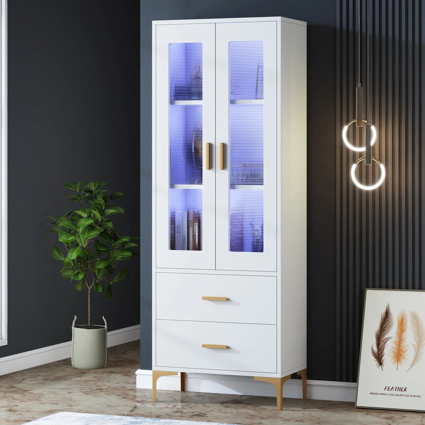 MonoWood Bookcase with LED Light and Doors Bookshelf with Storage Drawers