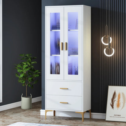 MonoWood Bookcase with LED Light and Doors Bookshelf with Storage Drawers