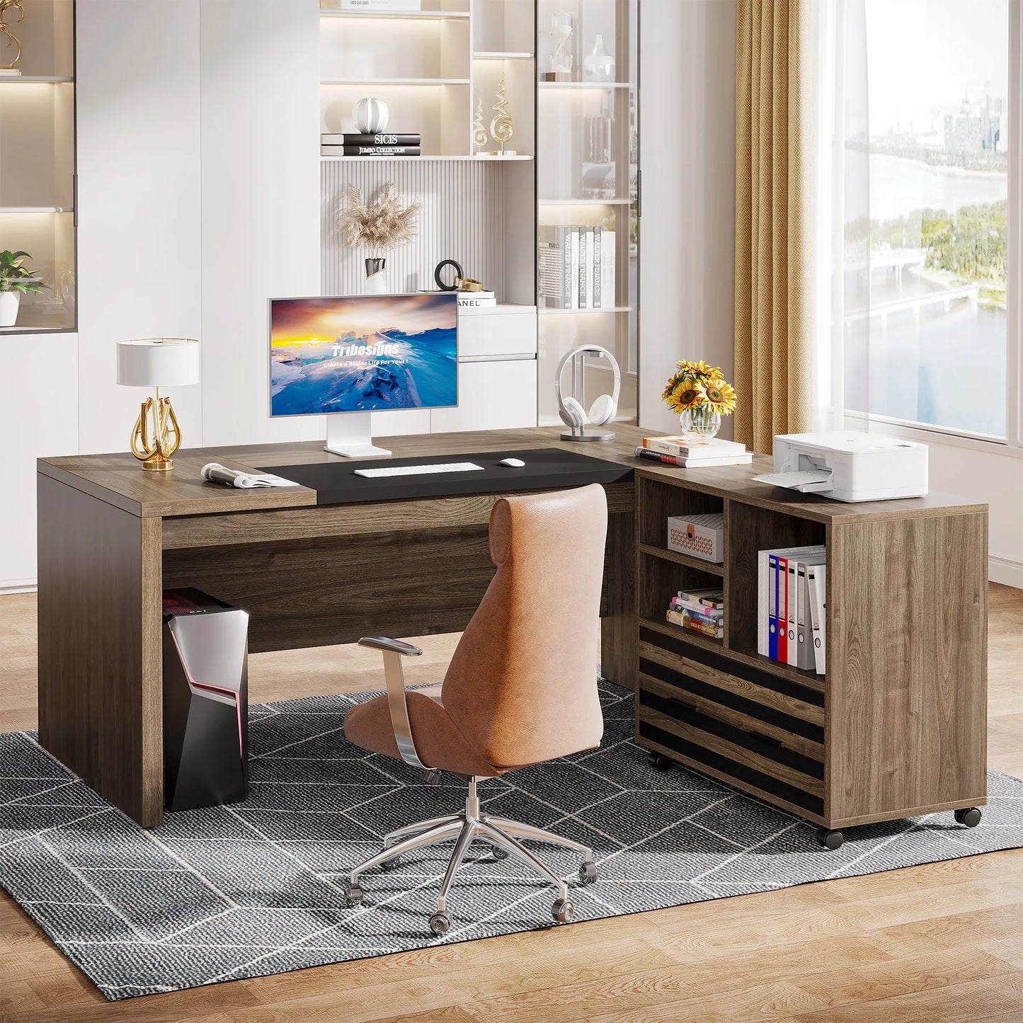 MonoWood 62.2" Executive Desk with Mobile File Cabinet, L-Shaped Office Desk with Storage Shelves, Large Computer Desk
