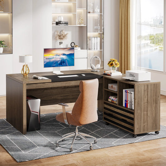 MonoWood 62.2" Executive Desk with Mobile File Cabinet, L-Shaped Office Desk with Storage Shelves, Large Computer Desk