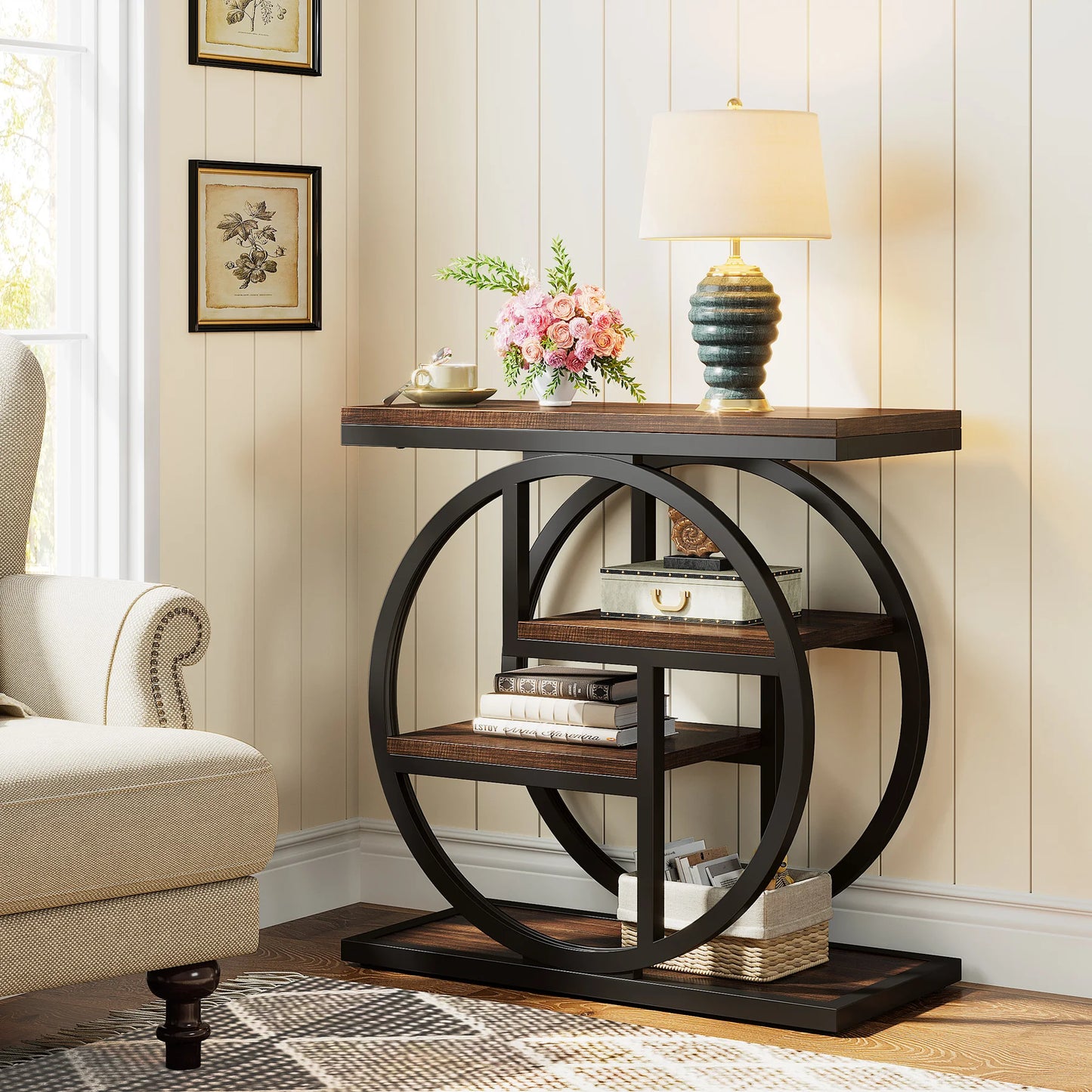 MonoWood End Table for Living Room, 4-Tier Narrow Side Table with Storage Shelves, Industrial Bedside Table for Bedroom