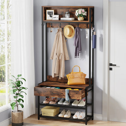 MonoWood 3-in-1 Entryway Hall Tree with Drawer, Vintage Industrial Coat Rack with Shoe Bench and Hutch