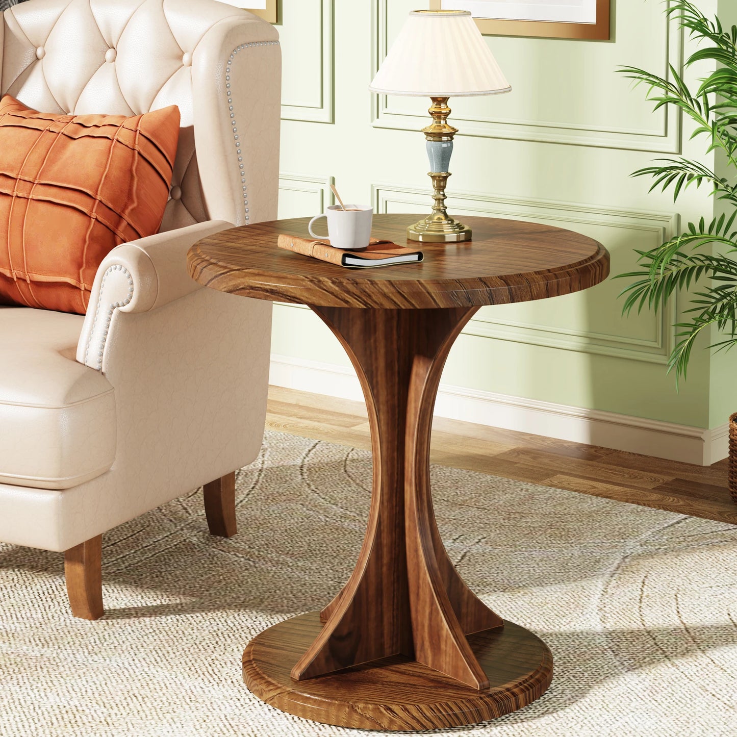 MonoWood Round End Side Table: Wood Small Sofa Chair Side Table for Living Room, Mid-Century Bedside Nightstand for Bedroom