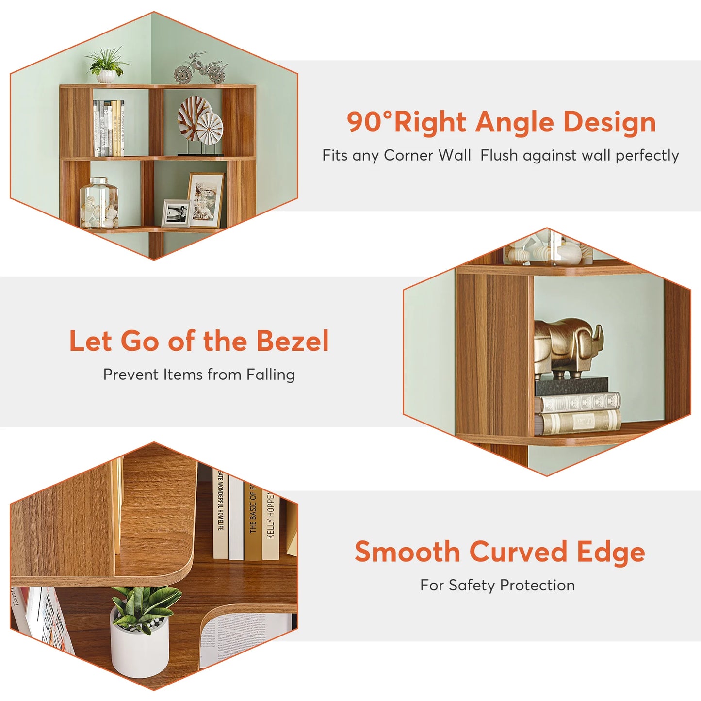 MonoWood 6 Tier Corner Bookshelf, 64.96 Inch Tall Industrial Corner Bookcase with Anti-Drop Panel,Wood Grain Corner Shelf