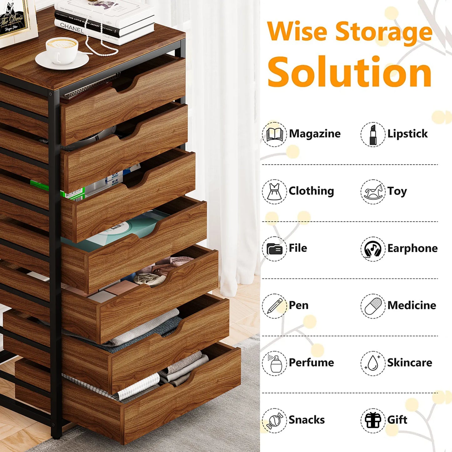 MonoWood 7-Drawer File Cabinet, Wood Mobile Storage Drawer Unit, Industrial Office Cabinet with Drawers & Wheels