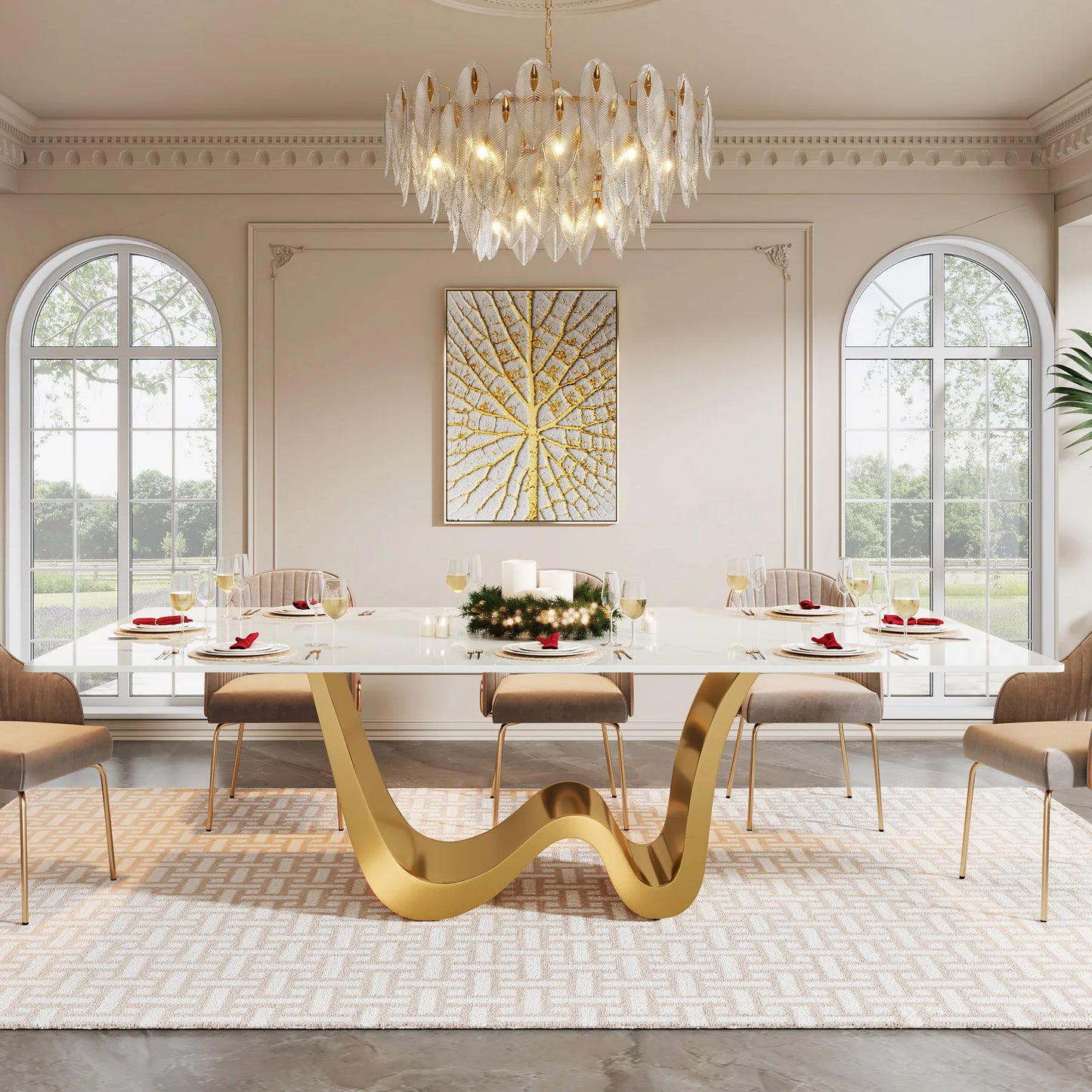 MonoWood 78.74" Sintered Stone Dining Table for 6-8, Modern Rectangle Dining Table, Luxury White & Gold Kitchen Table