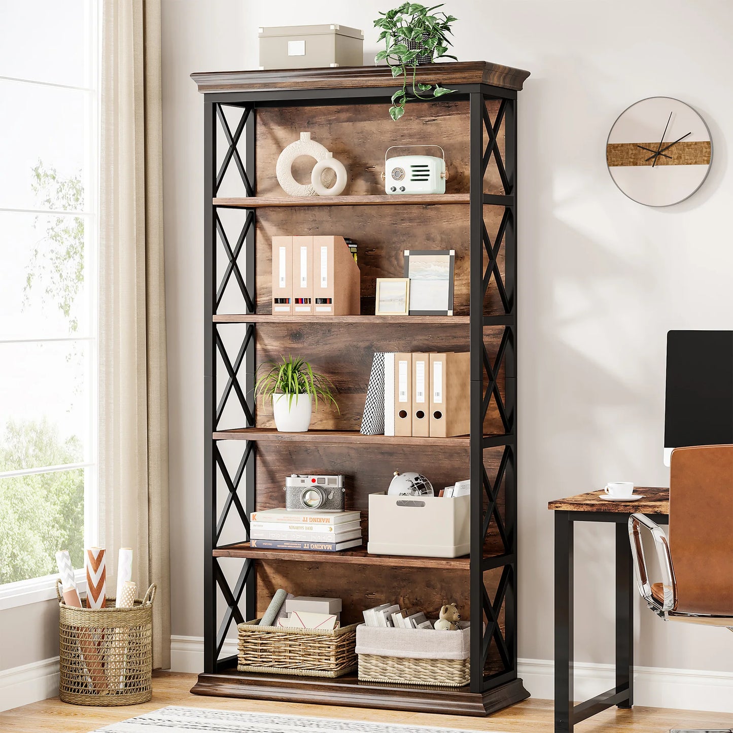 MonoWood 6-Tier Bookcase, 71 Inches Industrial Bookshelves and Bookcases, Floor Standing 5 Shelf Display Storage Shelves