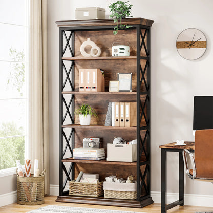 MonoWood 6-Tier Bookcase, 71 Inches Industrial Bookshelves and Bookcases, Floor Standing 5 Shelf Display Storage Shelves