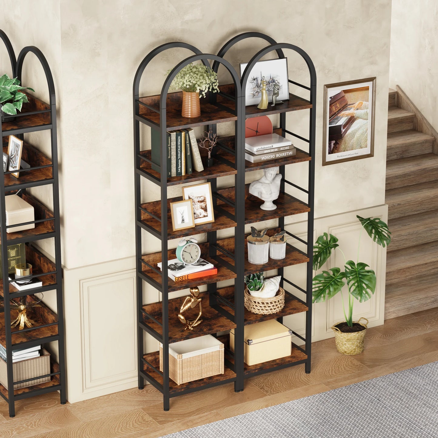 MonoWood 6-Tier Open Bookshelf, 78.7" Tall Arched Bookcase Narrow Bookshelf, Freestanding Corner Bookcase Display Shelves