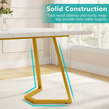MonoWood Gold Dining Dinner Table: 55 Inches Modern White Dining Room Table with Golden Legs, Faux Marble Kitchen Table for 6