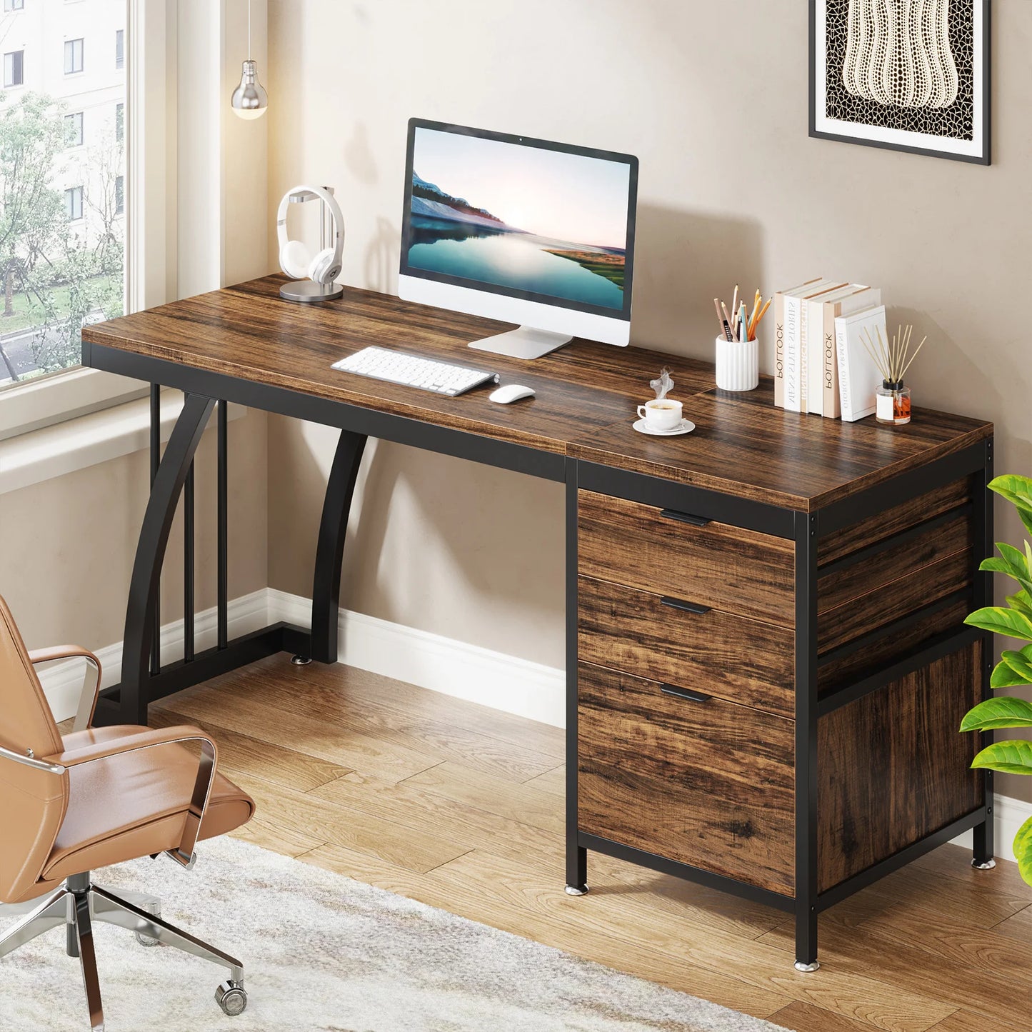MonoWood Computer Desk with 3 Drawers, 59-Inch PC Desk with Reversible Drawers, Industrial Study Writing Table Workstation